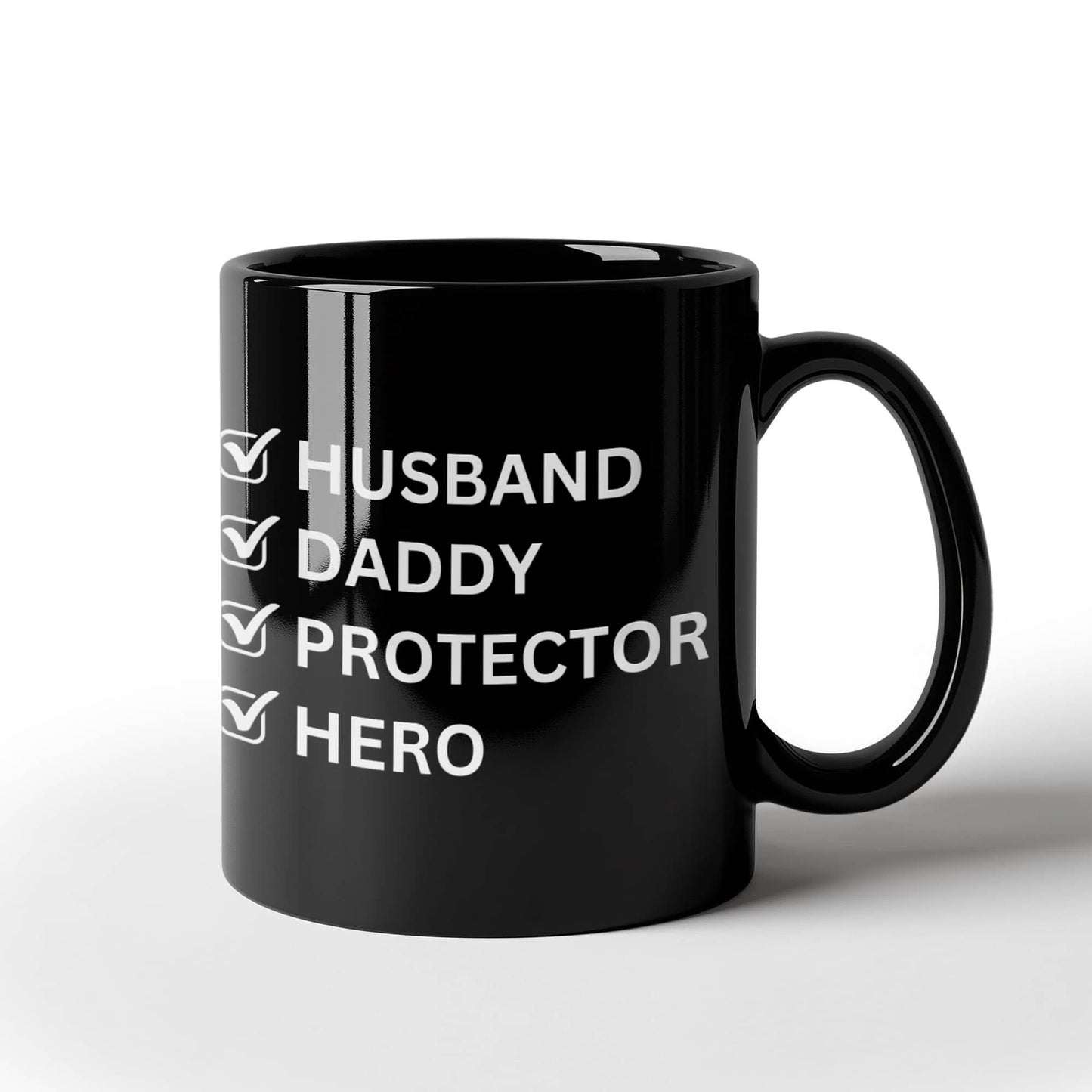 Husband Daddy Protector Hero Black Coffee Mug – Perfect Father's Day Gift for Dad