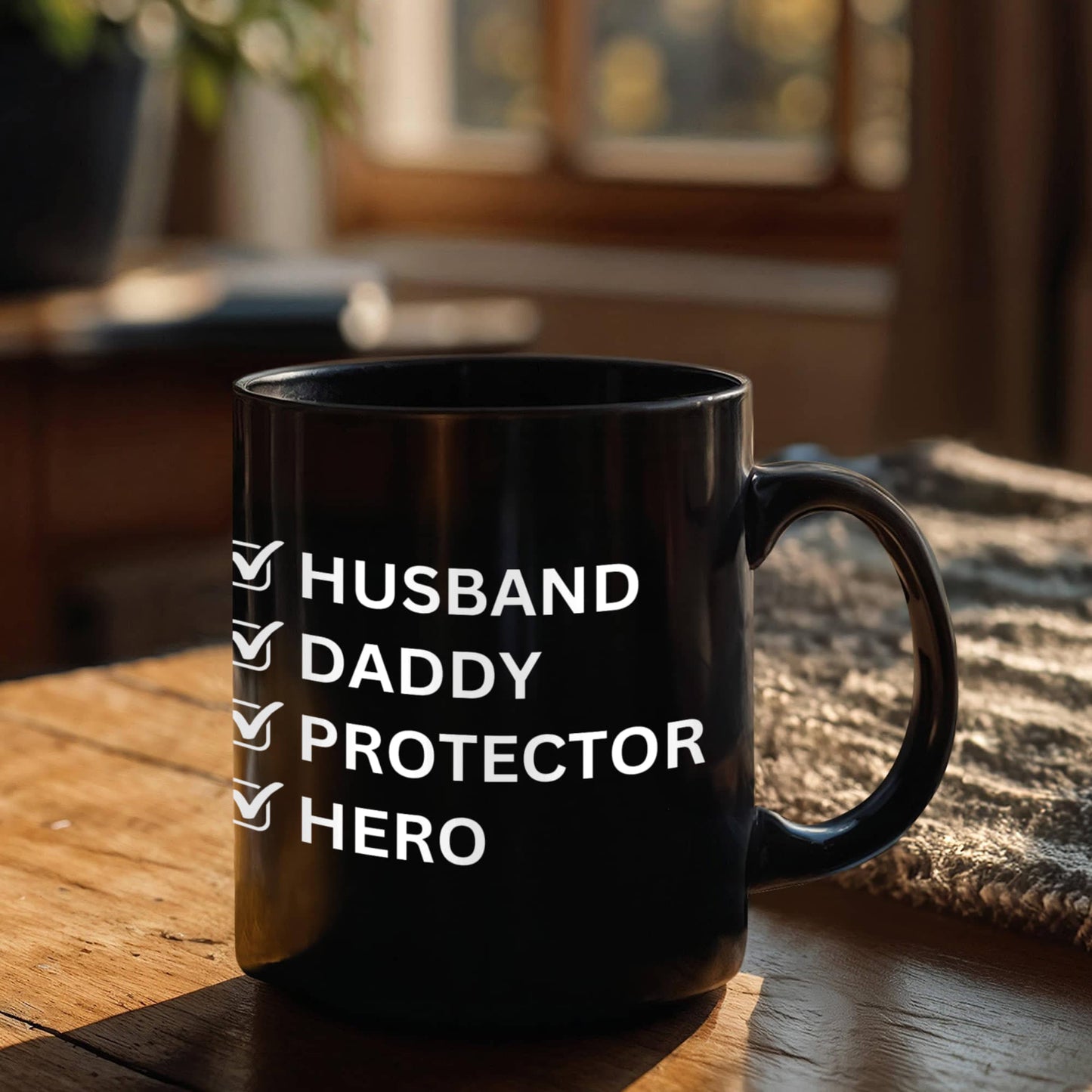 Husband Daddy Protector Hero Black Coffee Mug – Perfect Father's Day Gift for Dad