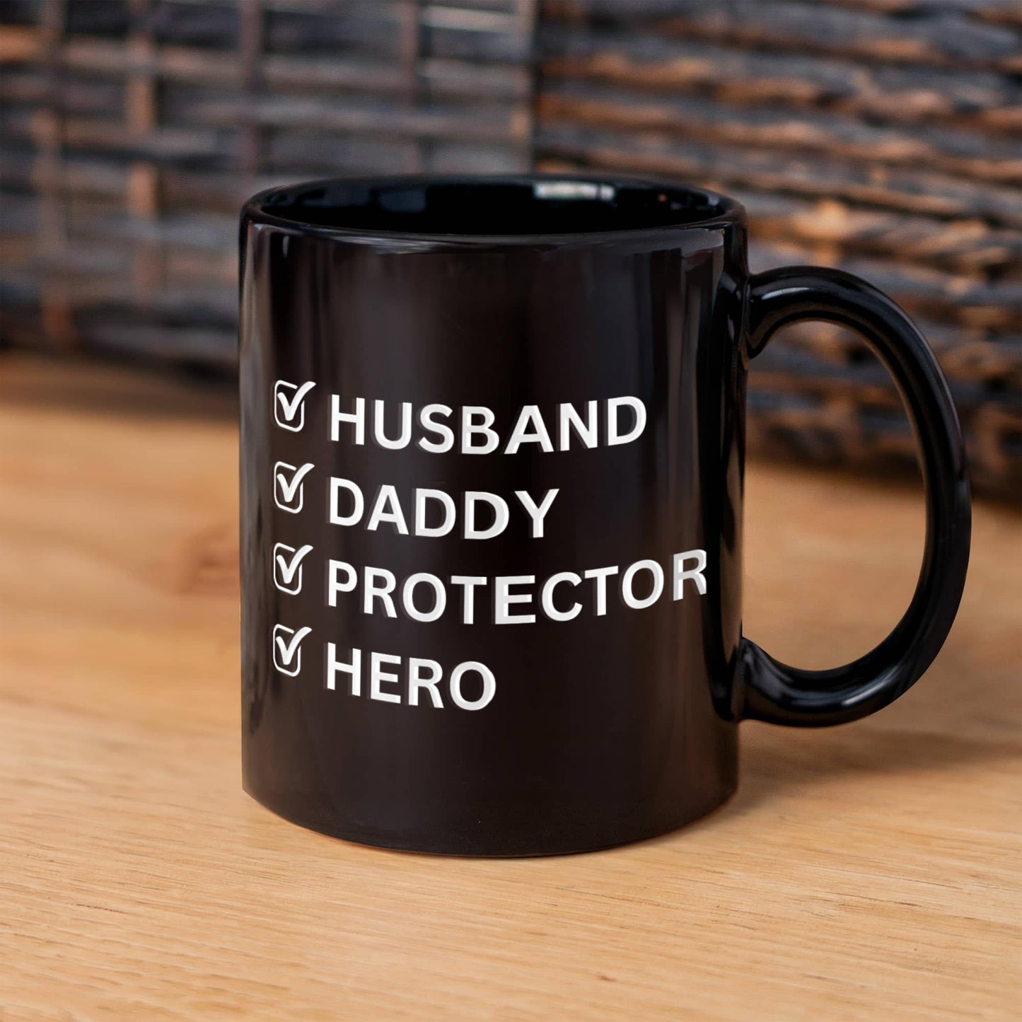 Husband Daddy Protector Hero Black Coffee Mug – Perfect Father's Day Gift for Dad