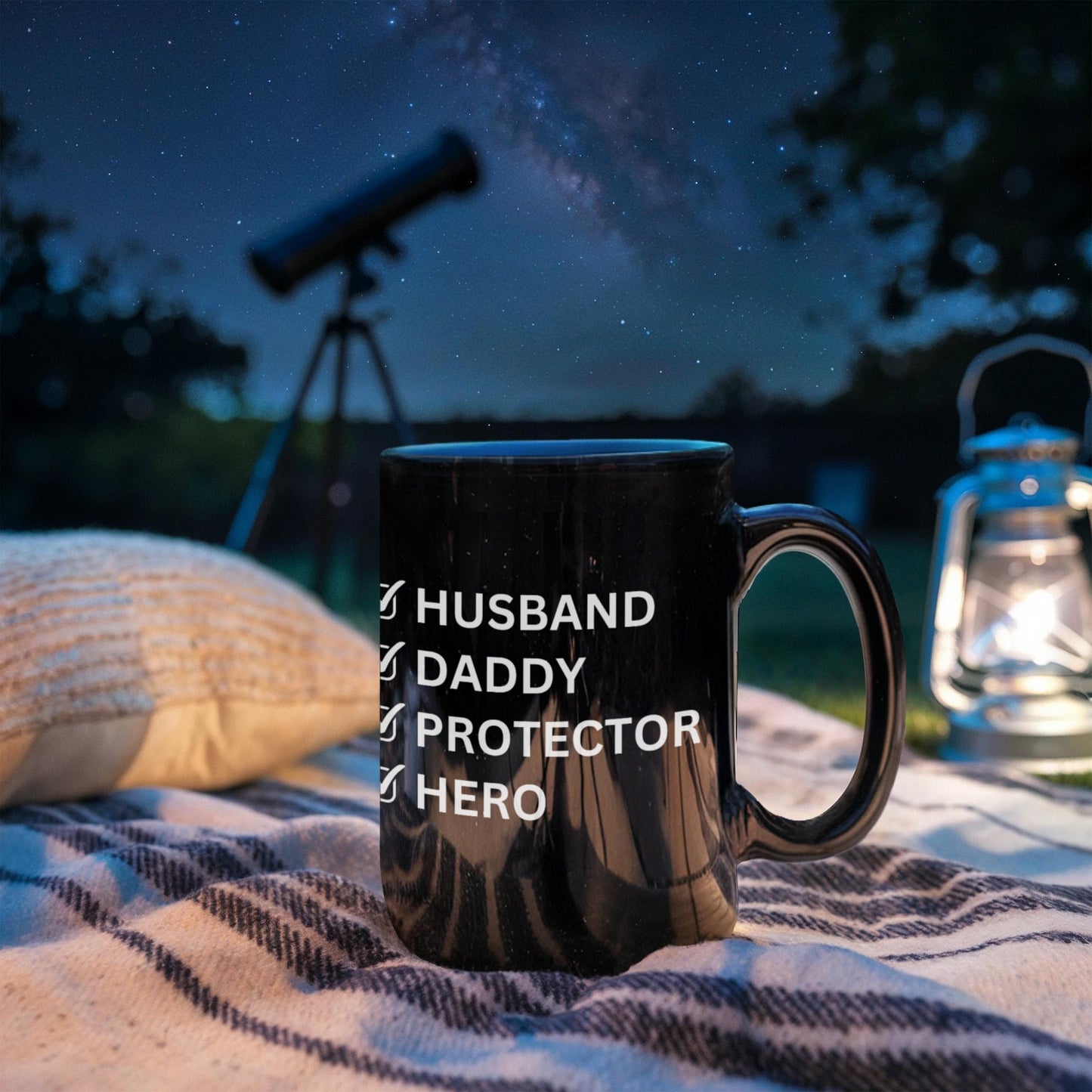 Husband Daddy Protector Hero Black Coffee Mug – Perfect Father's Day Gift for Dad