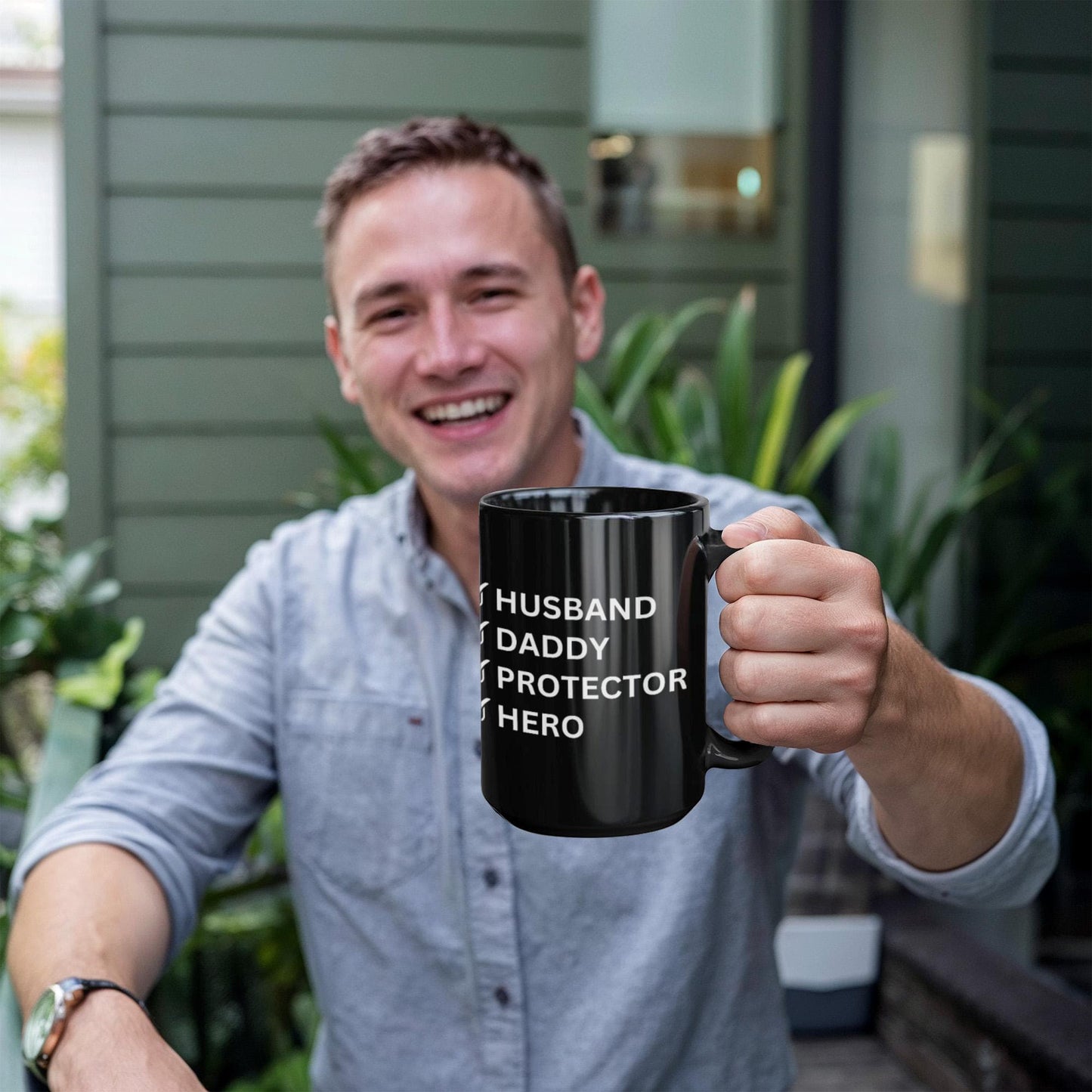 Husband Daddy Protector Hero Black Coffee Mug – Perfect Father's Day Gift for Dad
