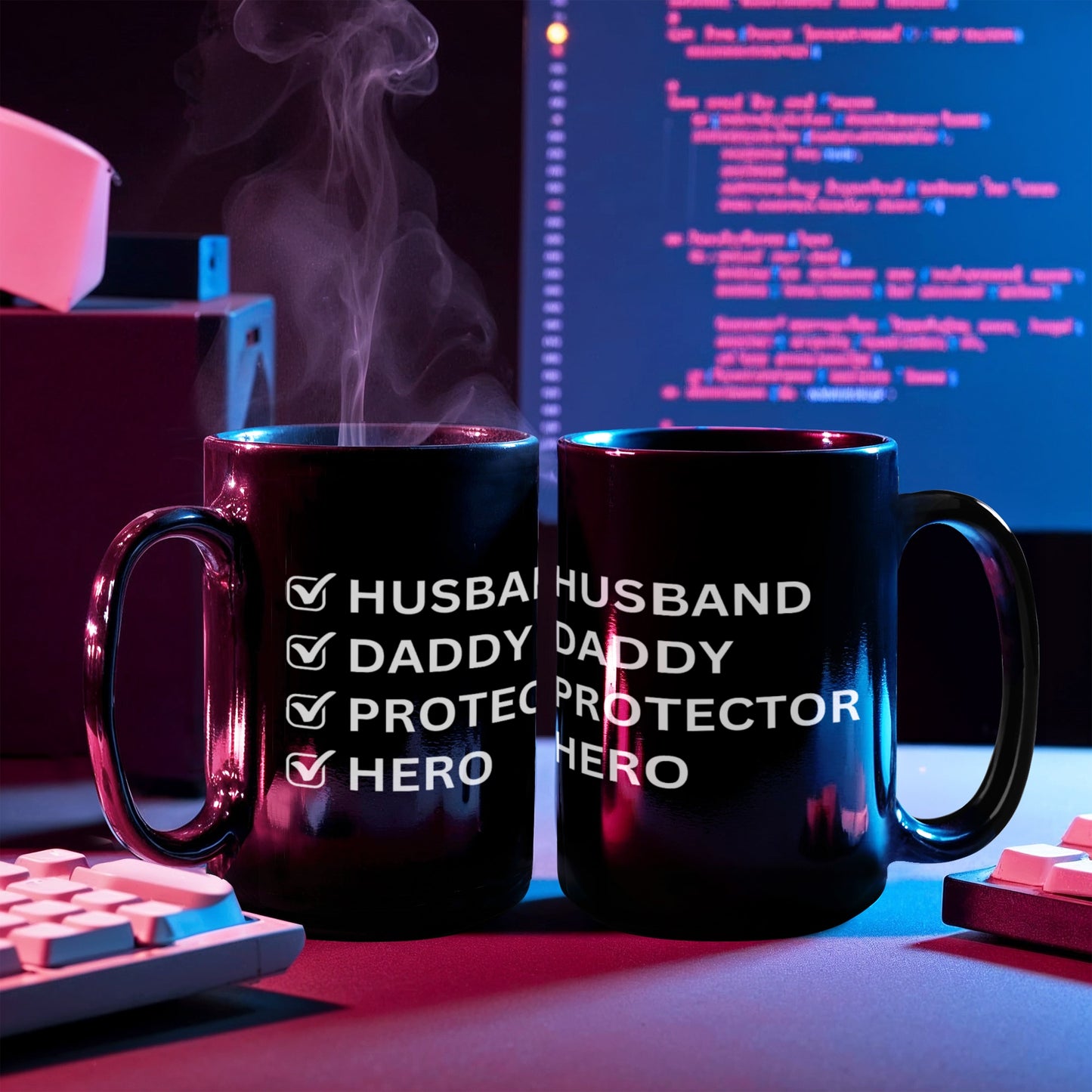 Husband Daddy Protector Hero Black Coffee Mug – Perfect Father's Day Gift for Dad