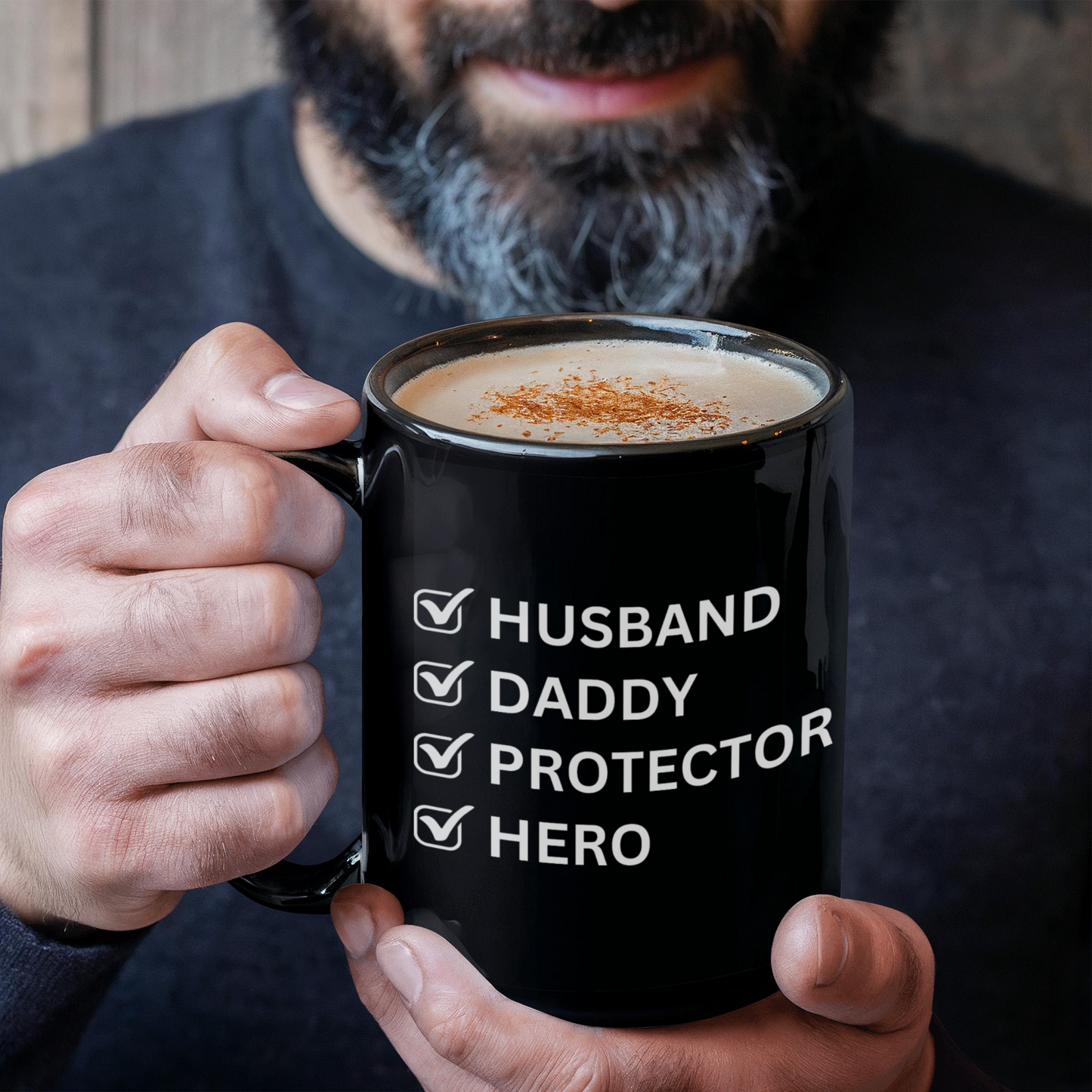 Husband Daddy Protector Hero Black Coffee Mug – Perfect Father's Day Gift for Dad