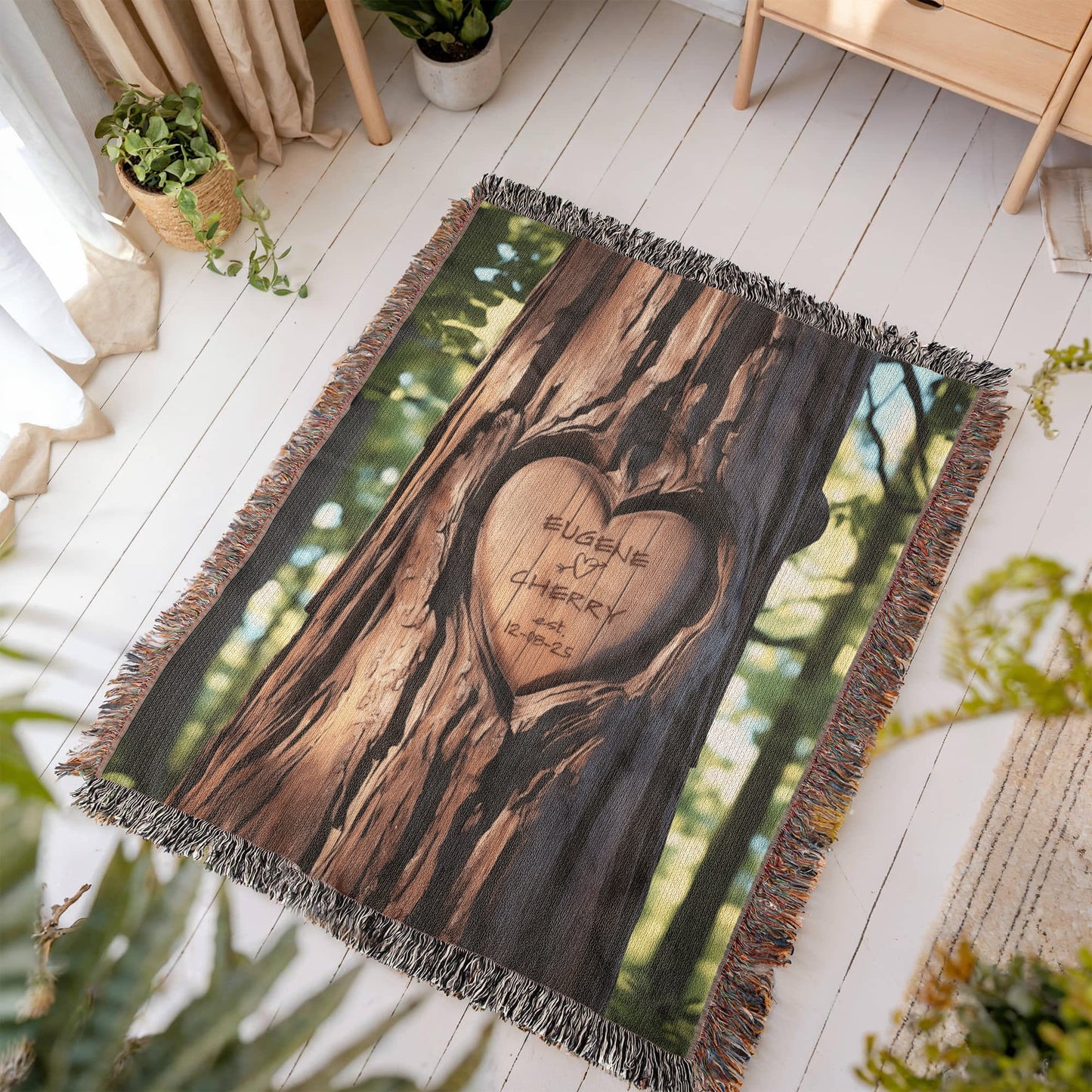 Personalized Heart Carved On Tree with Couple's Names and Est Date Heirloom Woven Blanket