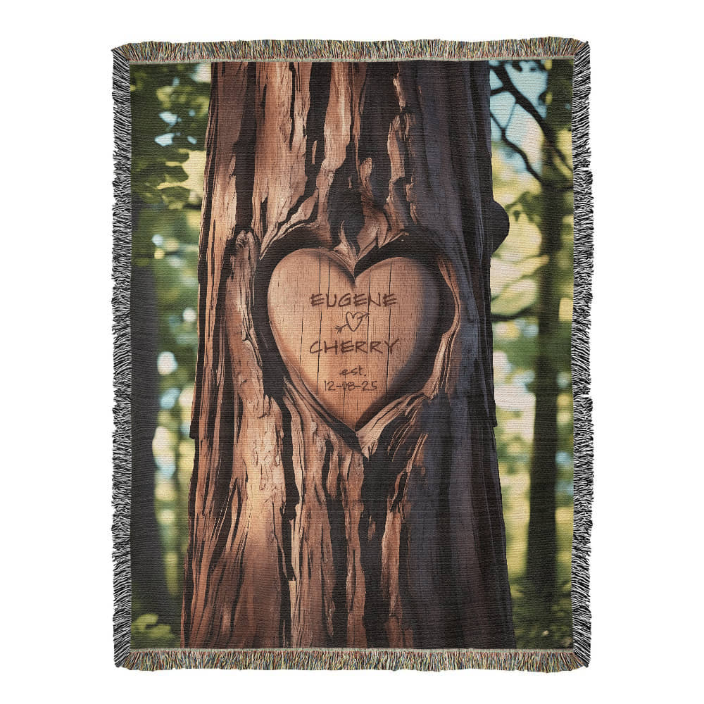 Personalized Heart Carved On Tree with Couple's Names and Est Date Heirloom Woven Blanket