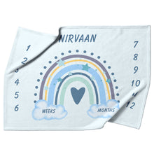 Load image into Gallery viewer, Personalized Name Baby Milestone Blanket Blue Boho Rainbow Baby Boy