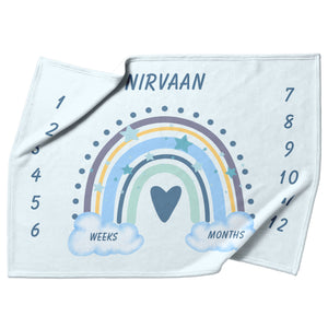 Personalized Name Baby Milestone Blanket Blue Boho Rainbow Baby Boy