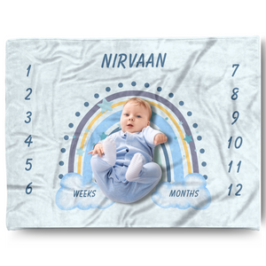 Personalized Name Baby Milestone Blanket Blue Boho Rainbow Baby Boy
