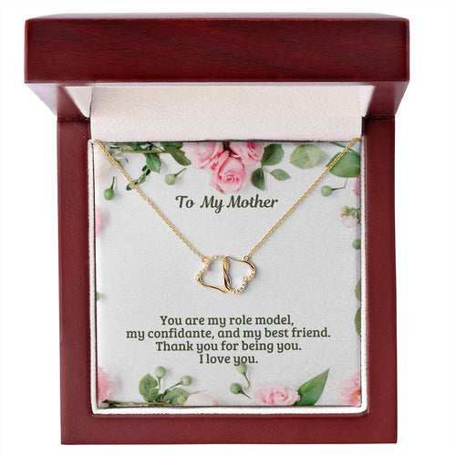 My Mother My Best Friend Pink Roses - Two Interconnected Hearts 10K Gold Necklace - M53