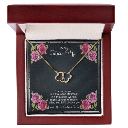 Gift for Future Wife Thousand Lifetimes Two Interconnected Hearts 10K Gold Necklace - Floral Card 1 - Fiancee