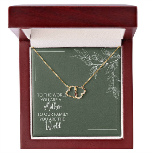Mother You're Our World - Two Interconnected Hearts 10K Gold Necklace - Olive Green