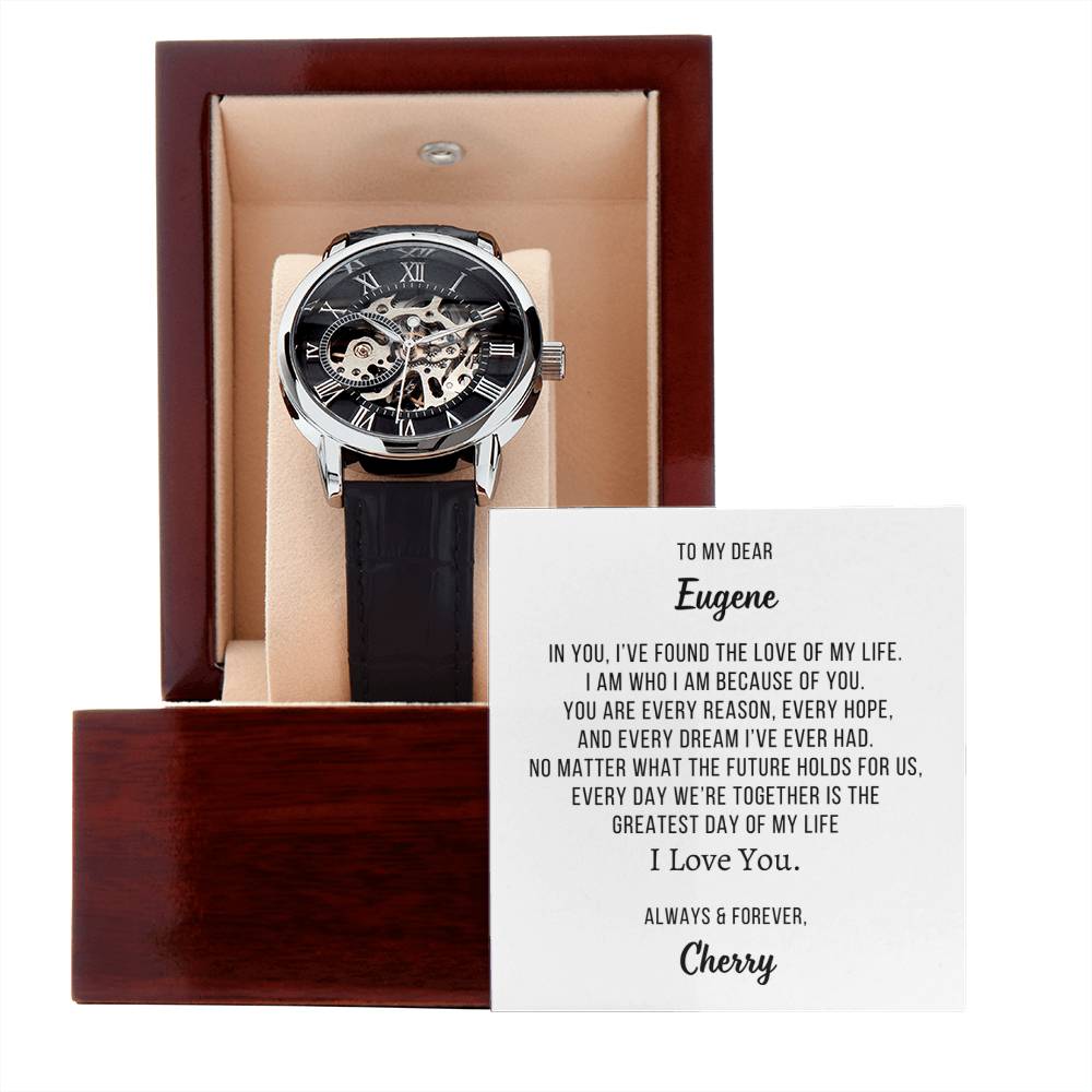 Gift for Him Luxury Openwork Watch Personalized Name Heartfelt Romantic Message Card Anniversary, Birthday or Valentine's  Gift for Husband, Fiance or Boyfriend OPW_BF01