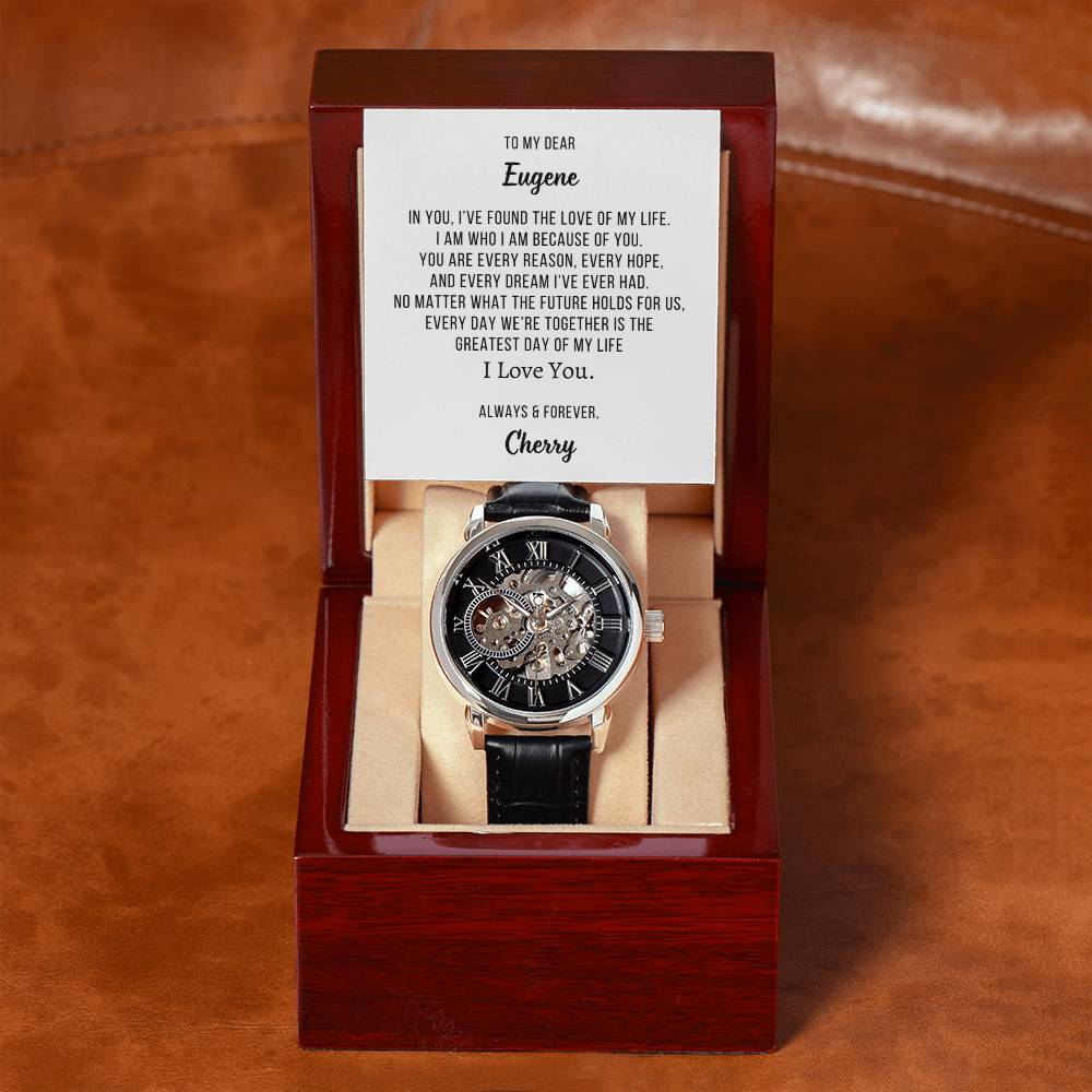 Gift for Him Luxury Openwork Watch Personalized Name Heartfelt Romantic Message Card Anniversary, Birthday or Valentine's  Gift for Husband, Fiance or Boyfriend OPW_BF01