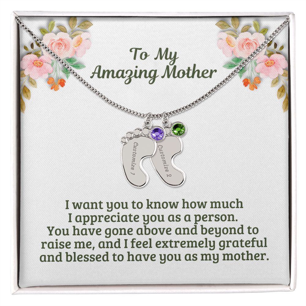 Personalized Baby Feet Name Necklace with Birthstone – Custom Engraved Gift for Moms, Mums, New Mothers, and Birthdays M45A