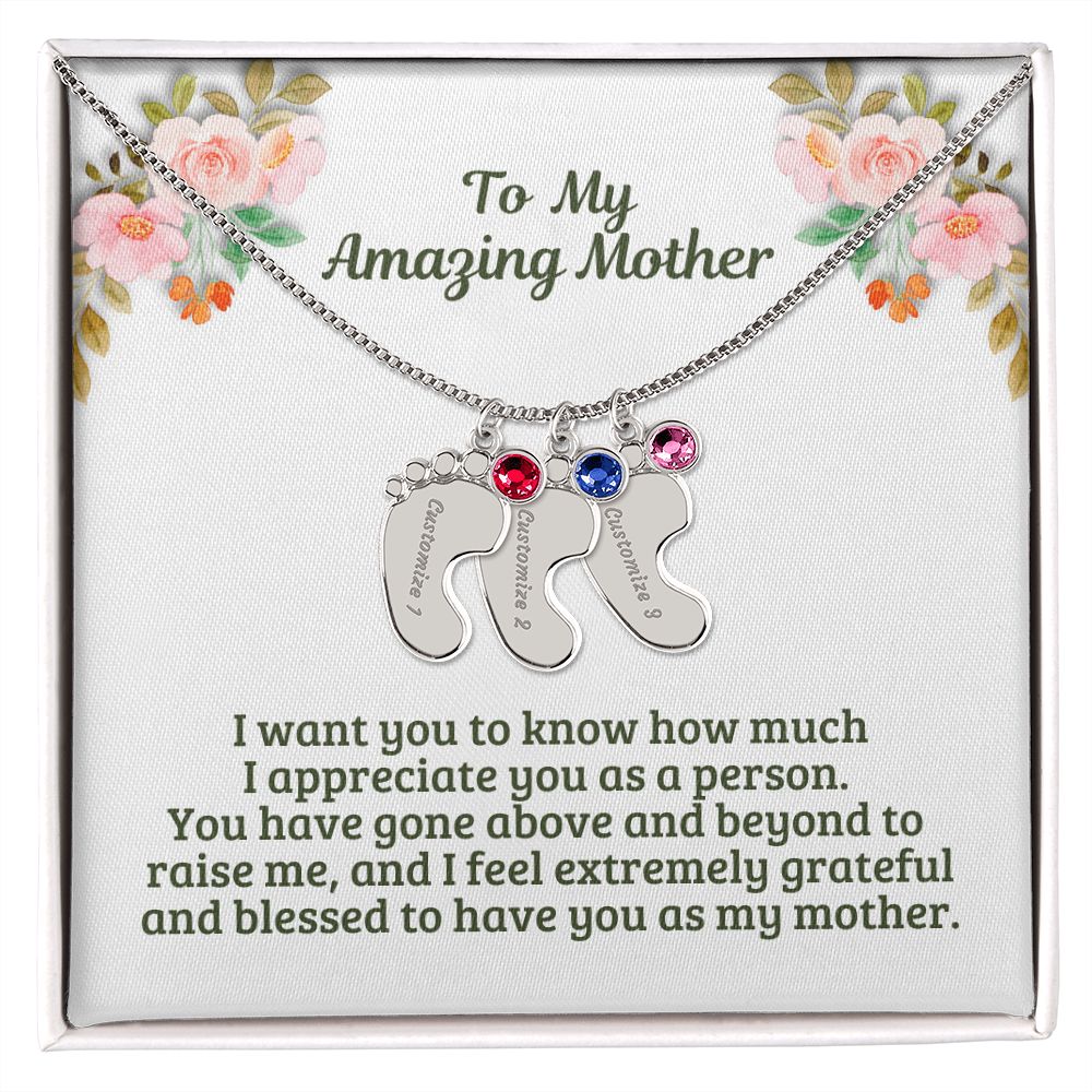 Mother's Day or Birthday Gift for Mom/Mum Personalized Baby Feet Name Necklace with Birthstone Gift For Mom Mum M45A