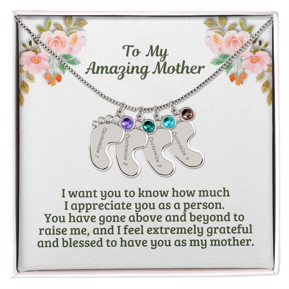 Mother's Day or Birthday Gift for Mom/Mum Personalized Baby Feet Name Necklace with Birthstone Gift For Mom Mum M45A