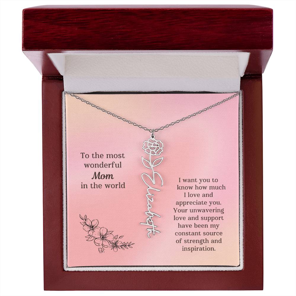 Personalized Name Birth Flower Necklace Mother's Day Gift or Birthday To the Most Wonderful Mom in the World M52