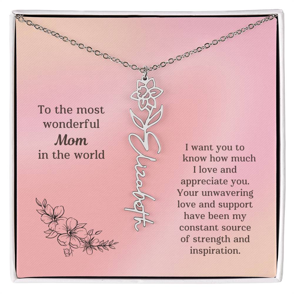 Personalized Name Birth Flower Necklace Mother's Day Gift or Birthday To the Most Wonderful Mom in the World M52