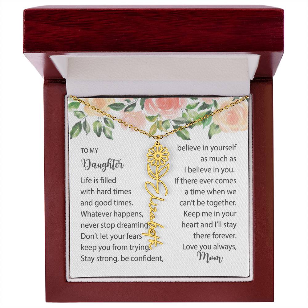Birth Flower Necklace with Name Silver or Gold and Message Card Gift for Daughter From Mom, Mum or Dad - BMFNDaughter001