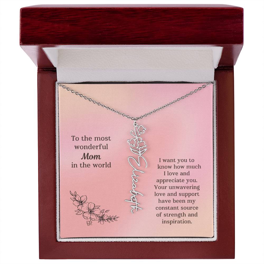 Personalized Name Birth Flower Necklace Mother's Day Gift or Birthday To the Most Wonderful Mom in the World M52