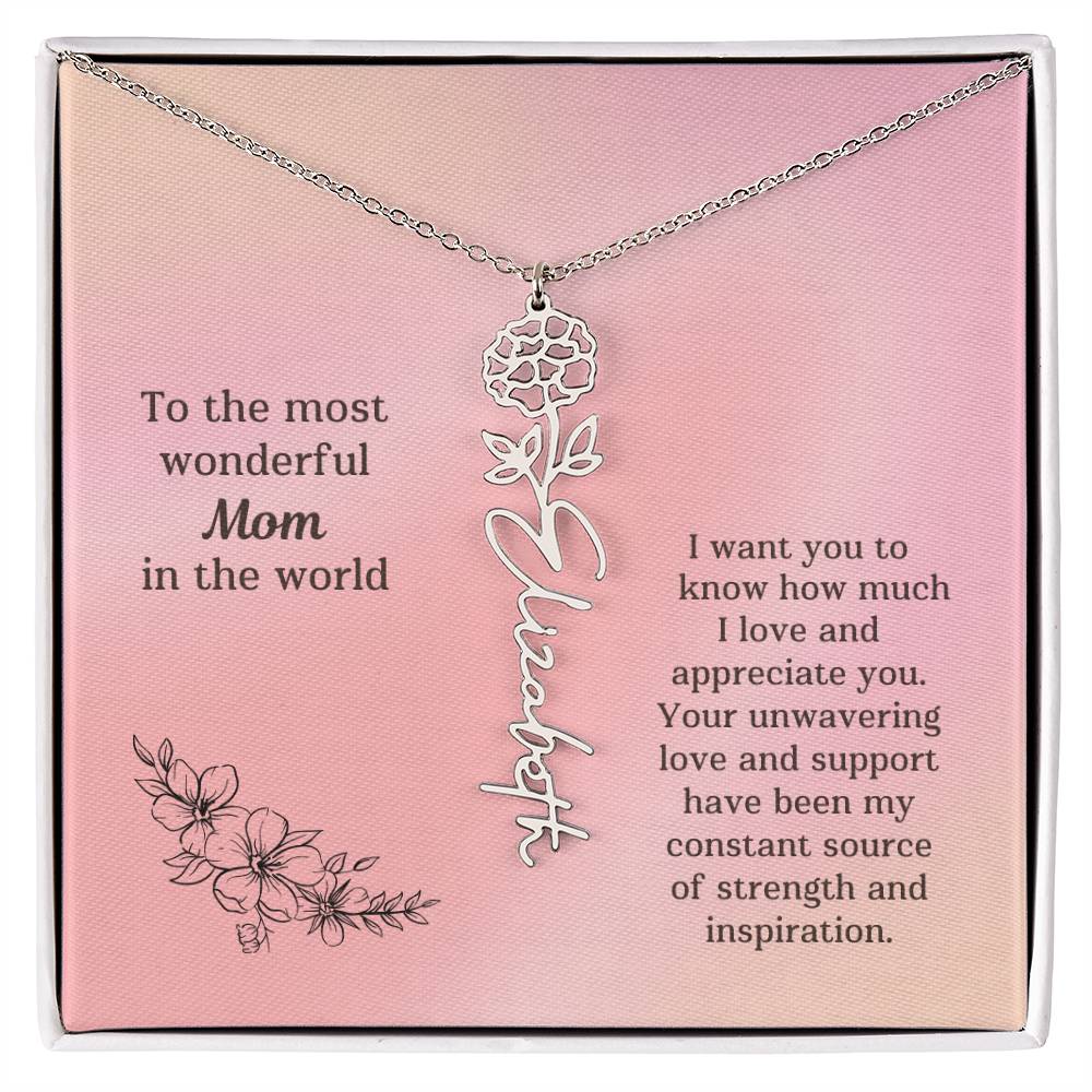 Personalized Name Birth Flower Necklace Mother's Day Gift or Birthday To the Most Wonderful Mom in the World M52