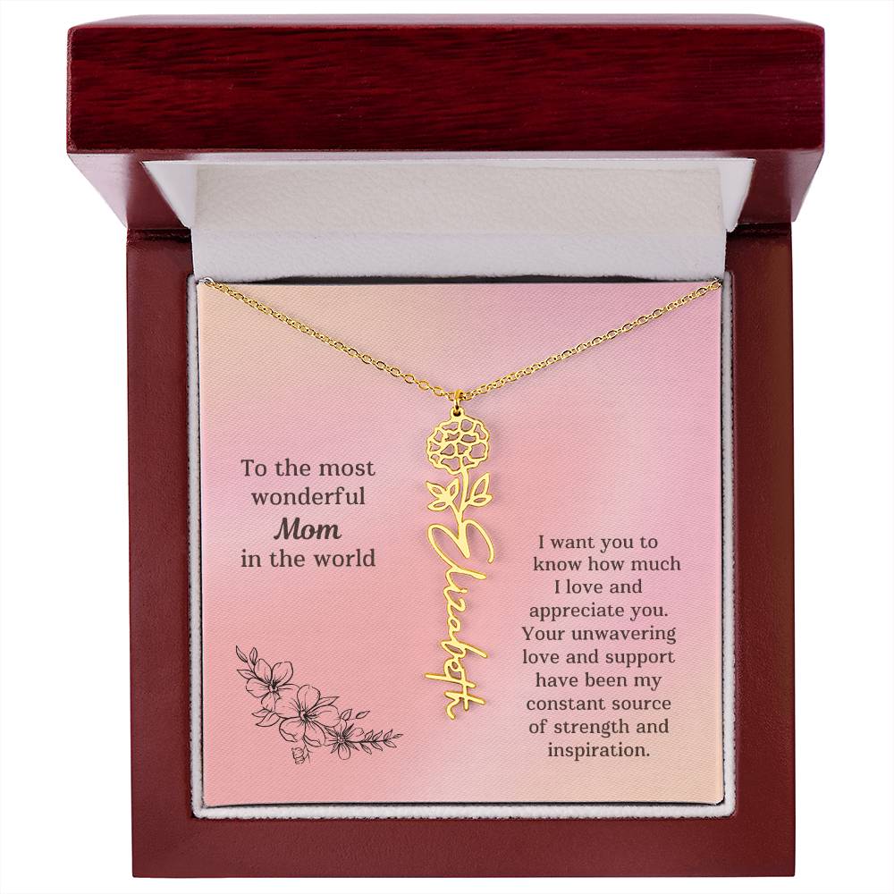 Personalized Name Birth Flower Necklace Mother's Day Gift or Birthday To the Most Wonderful Mom in the World M52