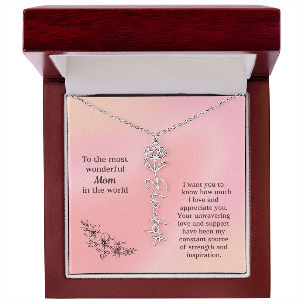 Personalized Name Birth Flower Necklace Mother's Day Gift or Birthday To the Most Wonderful Mom in the World M52