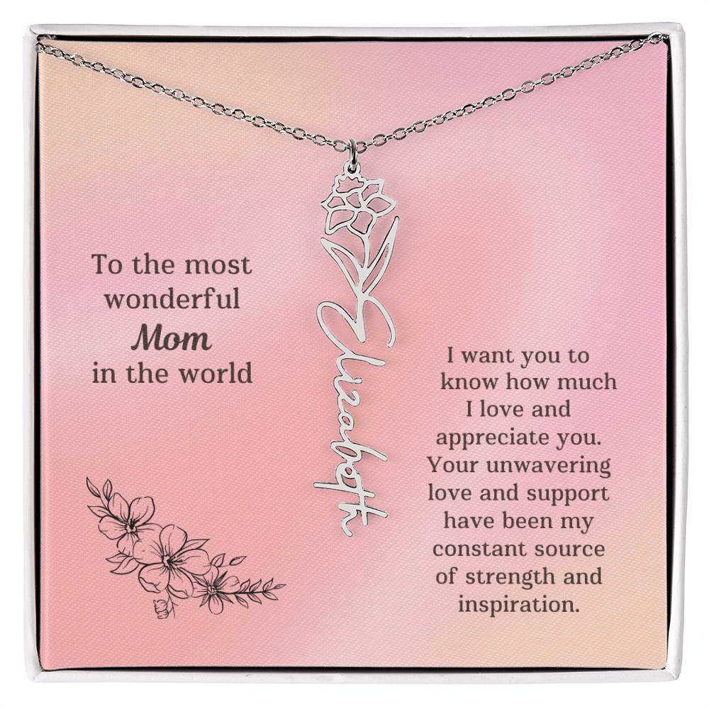 Personalized Name Birth Flower Necklace Mother's Day Gift or Birthday To the Most Wonderful Mom in the World M52