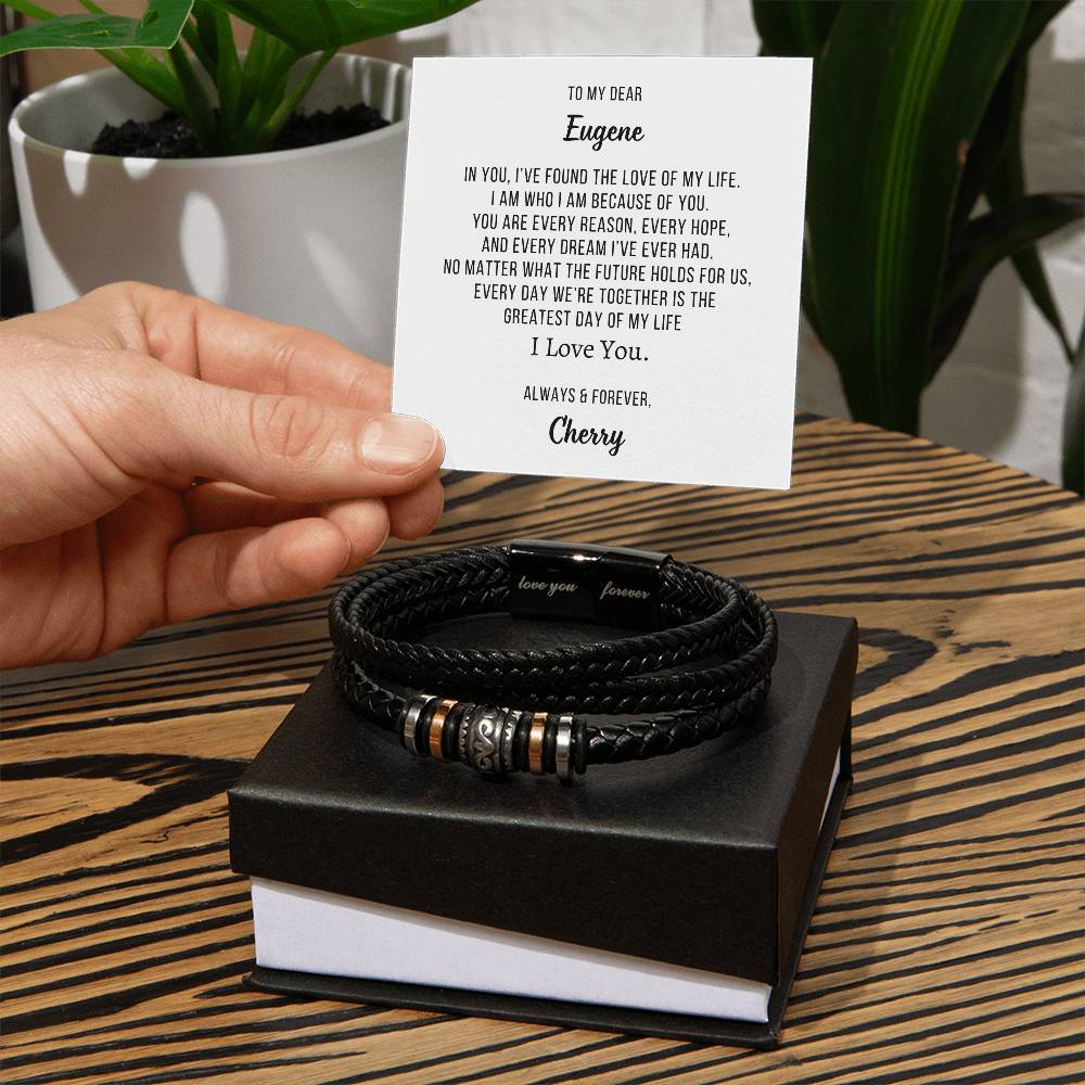 Gift for Him Bracelet Braided Leather With Stainless Beads Personalized Name Heartfelt Romantic Message Card Anniversary, Birthday or Valentine's Gift for Husband, Fiancé or Boyfriend BBS_BF01