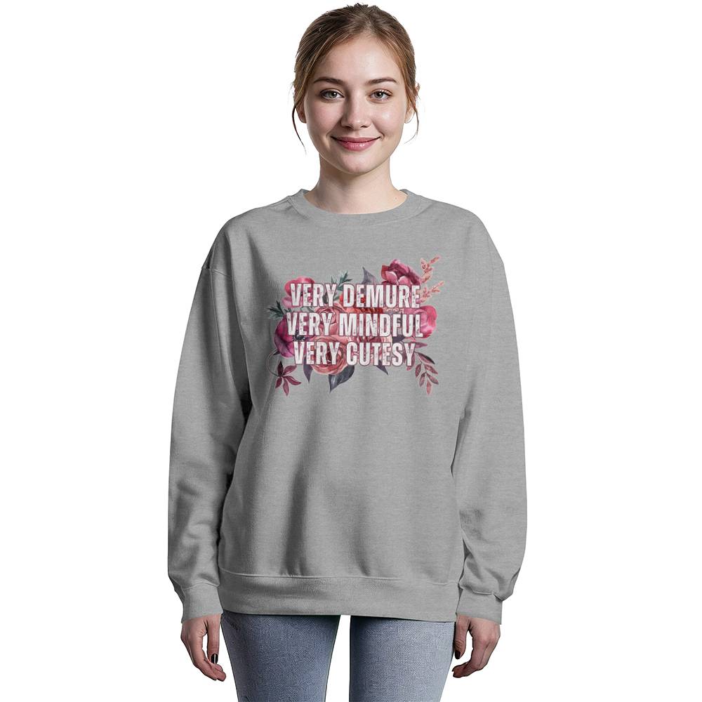 Trending "Very Demure, Very Mindful, Very Cutesy" Floral Print  Bella + Canvas Crewneck Sweatshirt