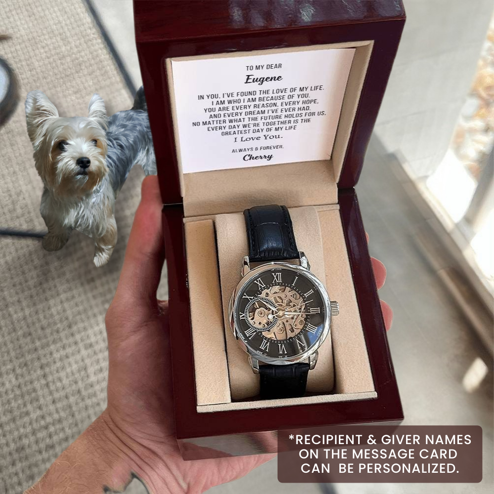 Gift for Him Luxury Openwork Watch Personalized Name Message Card Anniversary, Birthday or Valentine's  Gift for Husband, Fiance or Boyfriend OPW_BF01